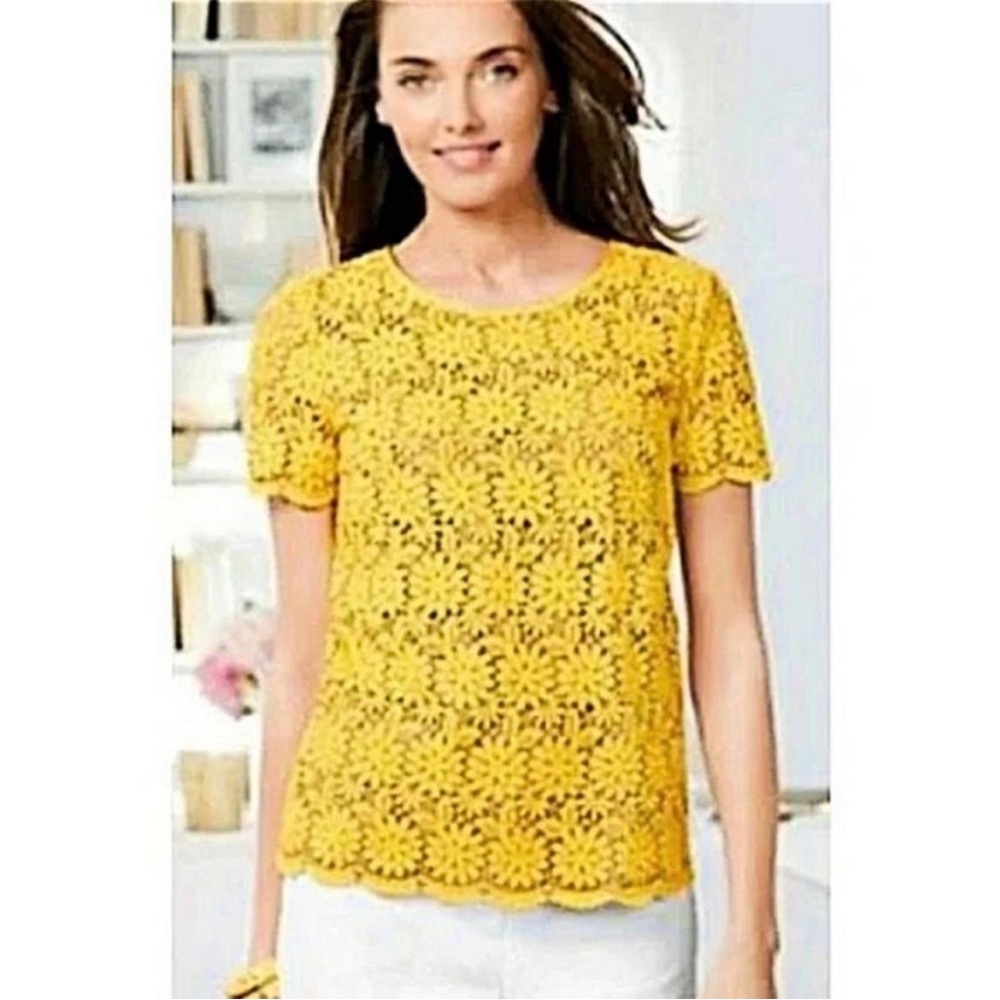 Talbots women’s embroidered flower eyelet yellow short sleeve blouse size 10P